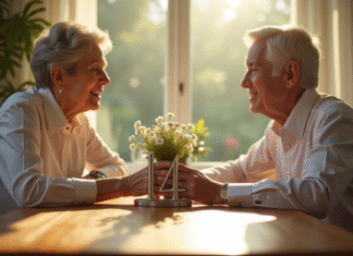 Que représente la noce de plomb : célébrer 14 ans de mariage Couple mature assis à une table ensoleillée tenant main