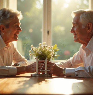 Couple mature assis à une table ensoleillée tenant main