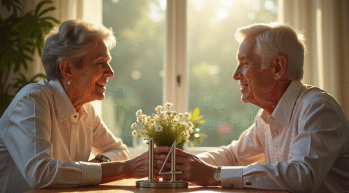 Couple mature assis à une table ensoleillée tenant main