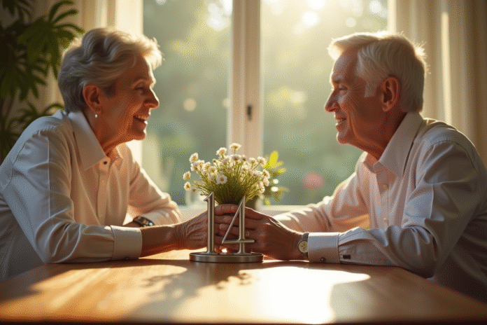 couple-mariage-annees-happy Couple mature assis à une table ensoleillée tenant main