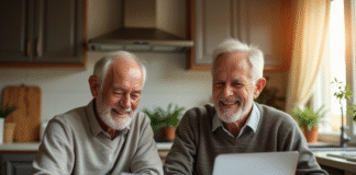 Couple retraité souriant à la cuisine avec papiers et ordinateur