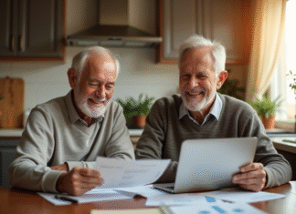 Comment bénéficier des aides de la CAF en tant que retraité ? Couple retraité souriant à la cuisine avec papiers et ordinateur