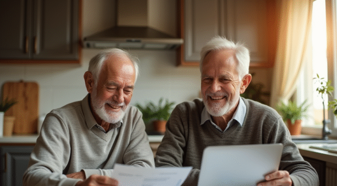 Couple retraité souriant à la cuisine avec papiers et ordinateur