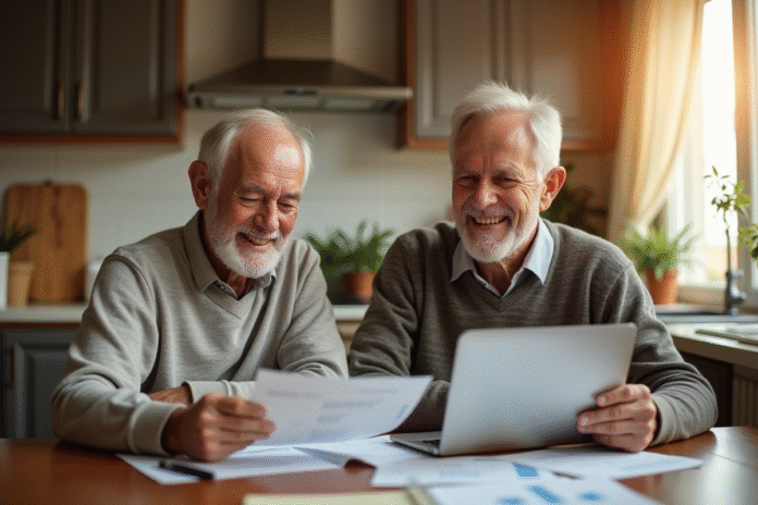 couple-retraites-papiers-laptop Couple retraité souriant à la cuisine avec papiers et ordinateur