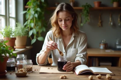 Femme préparant de l'encre naturelle dans une cuisine chaleureuse