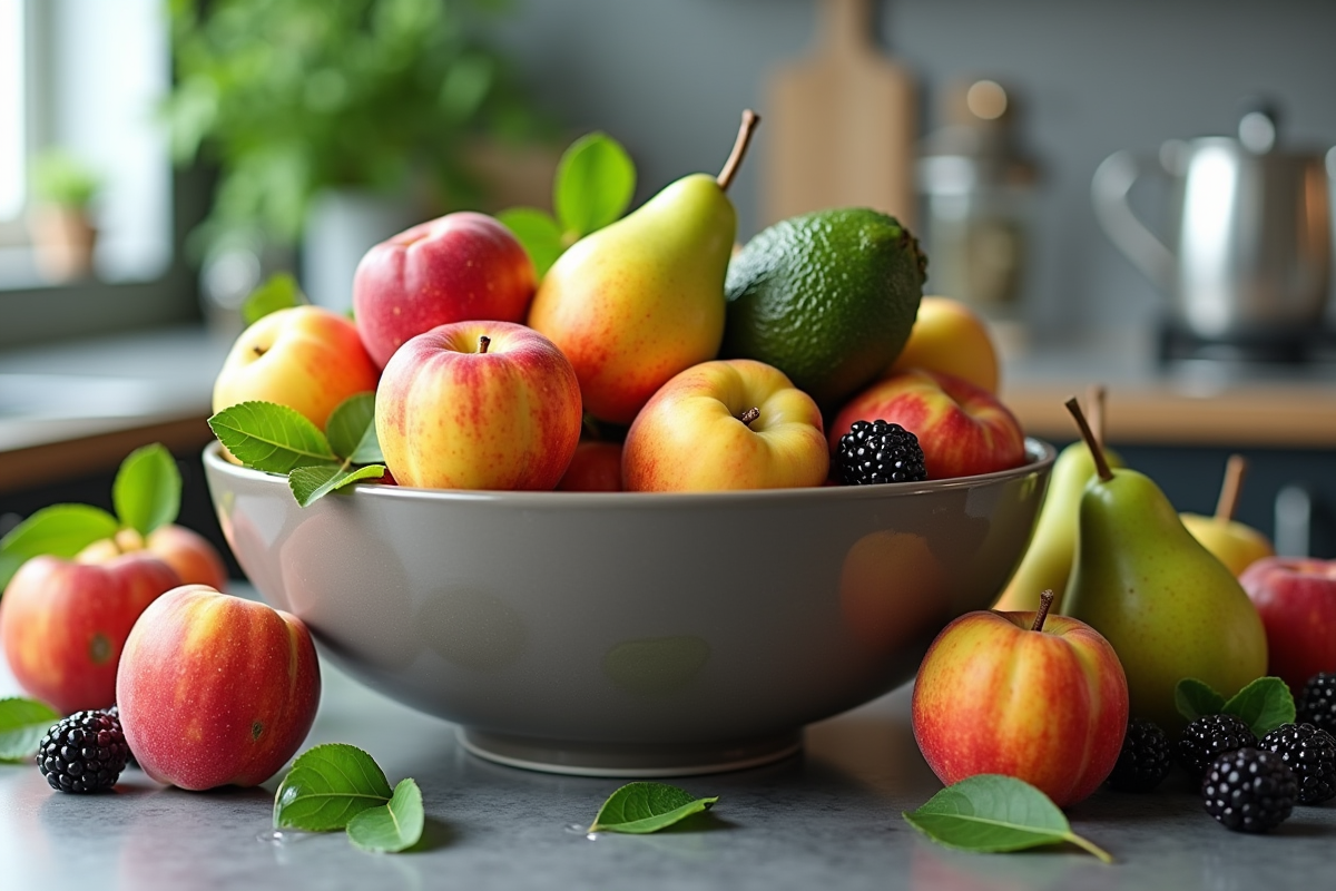 Counter moderne avec bol de fruits A et feuilles vertes