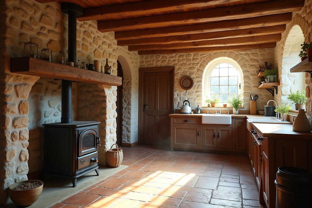 Cuisine rustique avec poêle à bois et lumière naturelle