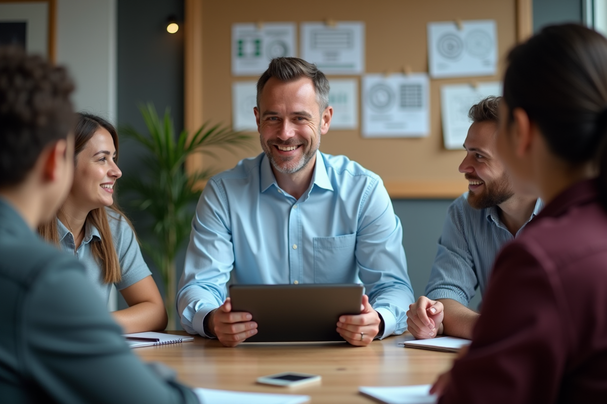 Homme middle-aged montre une tablette à ses collègues en réunion