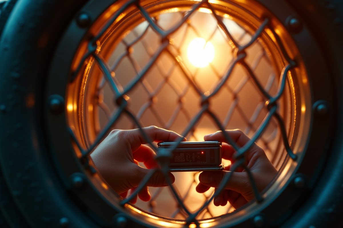 Mains tenant un appareil électronique dans une cage de feraday