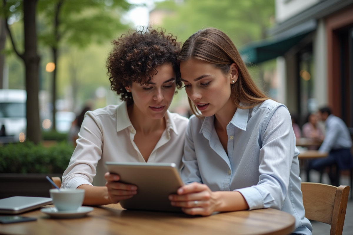 Deux femmes travaillant sur une tablette dans un café urbain