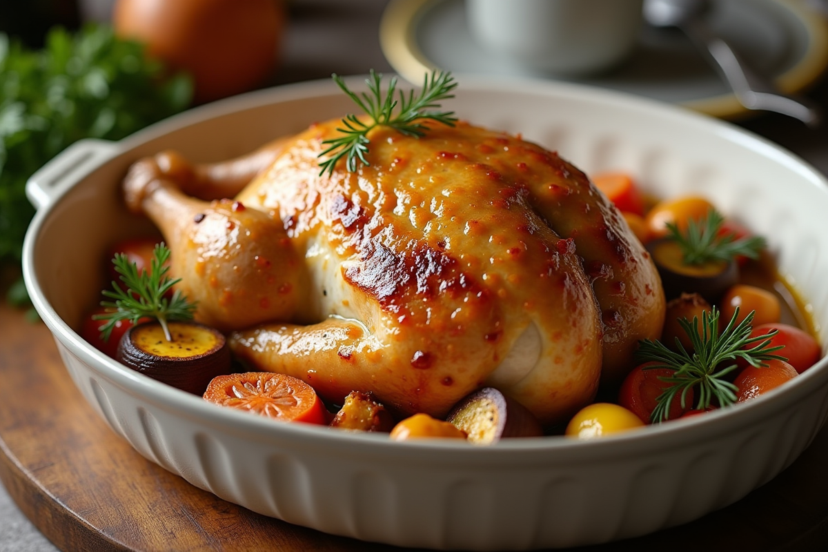 Dinde entière glacée à la moutarde servie avec légumes rôtis
