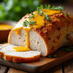 Poitrine de dinde rôtie avec sauce moutarde crème sur table rustique