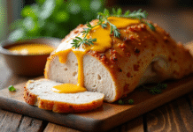 Poitrine de dinde rôtie avec sauce moutarde crème sur table rustique