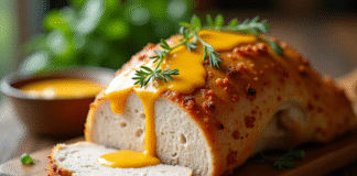 Poitrine de dinde rôtie avec sauce moutarde crème sur table rustique