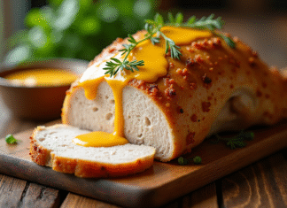 Poitrine de dinde rôtie avec sauce moutarde crème sur table rustique