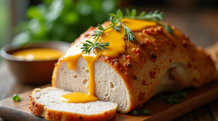 Poitrine de dinde rôtie avec sauce moutarde crème sur table rustique