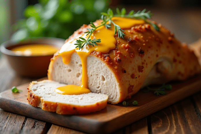 dinde-roastee-moutarde Poitrine de dinde rôtie avec sauce moutarde crème sur table rustique