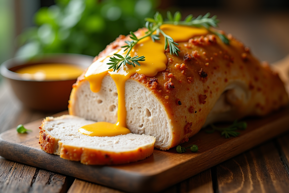 Poitrine de dinde rôtie avec sauce moutarde crème sur table rustique