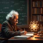 Albert Einstein à son bureau vintage avec modèle atomique