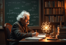 Albert Einstein à son bureau vintage avec modèle atomique