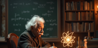 Albert Einstein à son bureau vintage avec modèle atomique