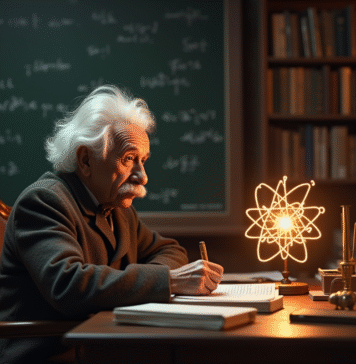 Albert Einstein à son bureau vintage avec modèle atomique