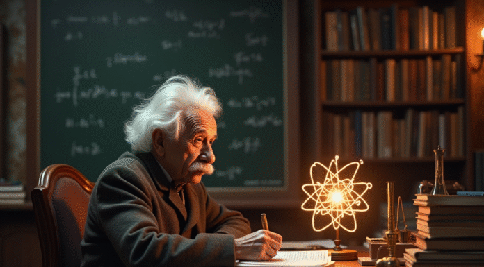 Albert Einstein à son bureau vintage avec modèle atomique