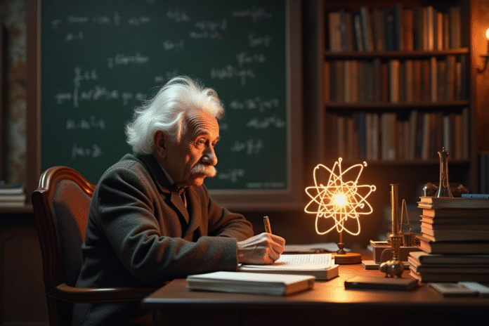 einstein-etude-physique-vintage Albert Einstein à son bureau vintage avec modèle atomique