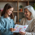 Enfants : comment manifester la gentillesse avec eux ? Jeune fille offrant un dessin à une femme âgée dans un salon chaleureux