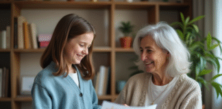 Enfants : comment manifester la gentillesse avec eux ? Jeune fille offrant un dessin à une femme âgée dans un salon chaleureux