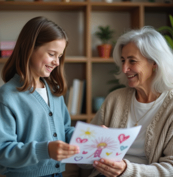 Enfants : comment manifester la gentillesse avec eux ? Jeune fille offrant un dessin à une femme âgée dans un salon chaleureux