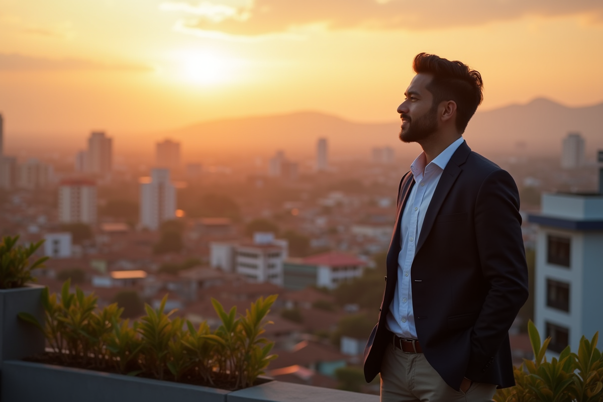 Expert en marketing numérique sur une terrasse à Chiang Mai au coucher du soleil