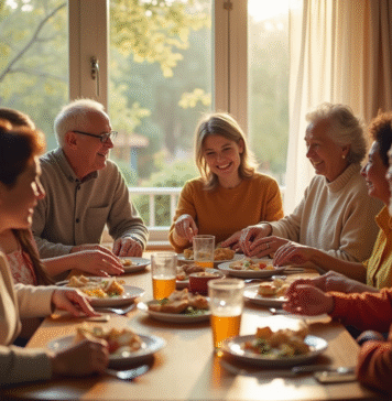 Famille multigenerationale diverse partageant un repas convivial