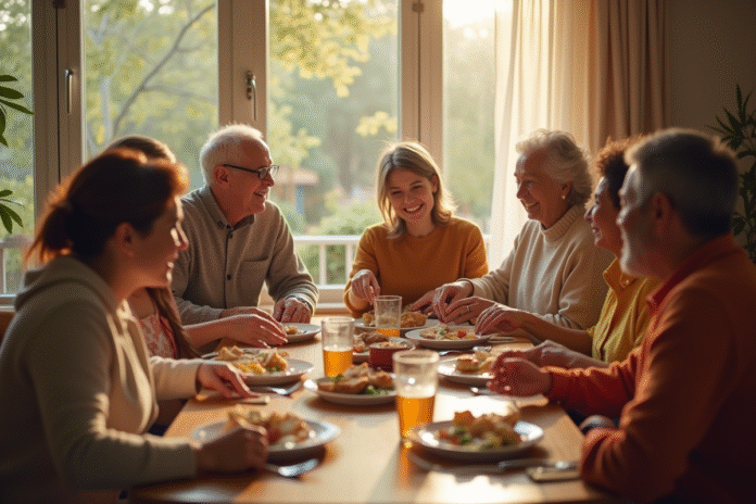 famille-diversite-repas Famille multigenerationale diverse partageant un repas convivial