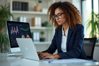 Femme d'affaires travaillant sur un ordinateur avec tableau de bord numérique