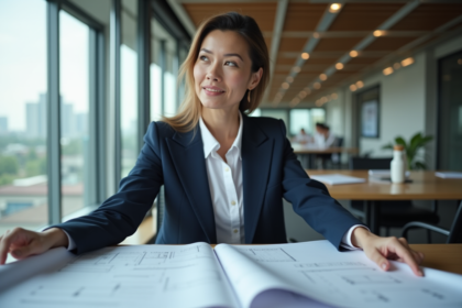Femme en costume bleu examinant des plans dans un bureau moderne