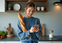 Femme souriante avec baguette dans une cuisine moderne