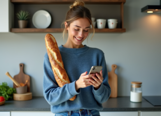 Baguette et calories : mythe ou réalité diététique Femme souriante avec baguette dans une cuisine moderne