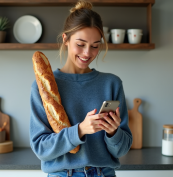 Baguette et calories : mythe ou réalité diététique Femme souriante avec baguette dans une cuisine moderne