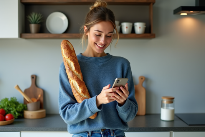 Femme souriante avec baguette dans une cuisine moderne