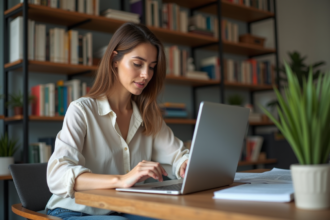 Jeune femme travaillant avec dictionnaire bilingue dans son bureau