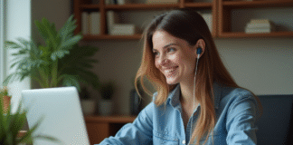 Technologies de traduction par IA : découvrez les outils et avantages Jeune femme au bureau avec écouteurs et ordinateur