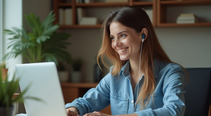 Jeune femme au bureau avec écouteurs et ordinateur