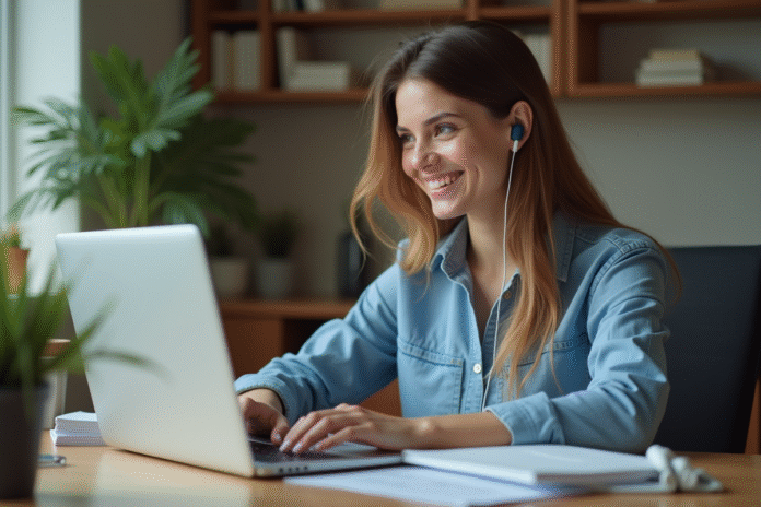 Jeune femme au bureau avec écouteurs et ordinateur