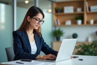 Jeune femme en blazer bleu travaillant sur un ordinateur dans un bureau moderne