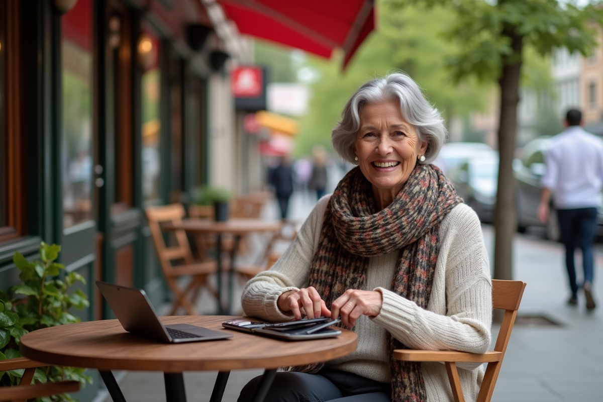Femme souriante au café en plein air avec foulard et pull