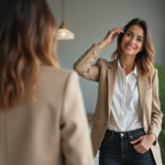 Apparence femme : Conseils pratiques pour améliorer son style vestimentaire et sa mise en beauté ! Femme élégante en blazer beige dans un appartement moderne