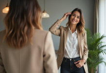 Apparence femme : Conseils pratiques pour améliorer son style vestimentaire et sa mise en beauté ! Femme élégante en blazer beige dans un appartement moderne