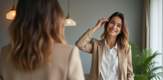 Apparence femme : Conseils pratiques pour améliorer son style vestimentaire et sa mise en beauté ! Femme élégante en blazer beige dans un appartement moderne