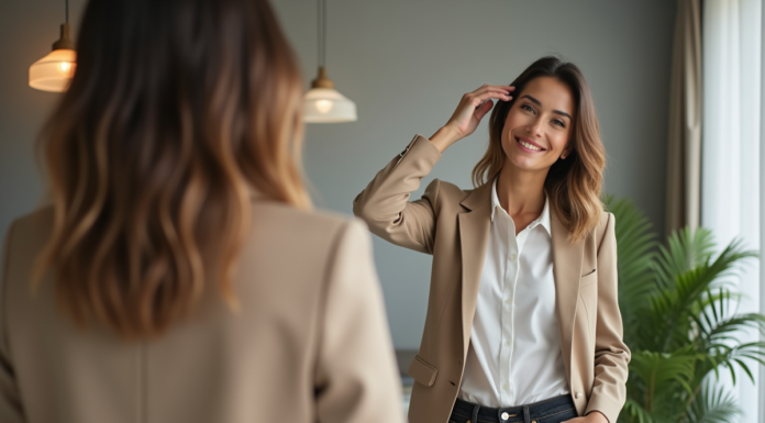Apparence femme : Conseils pratiques pour améliorer son style vestimentaire et sa mise en beauté ! Femme élégante en blazer beige dans un appartement moderne